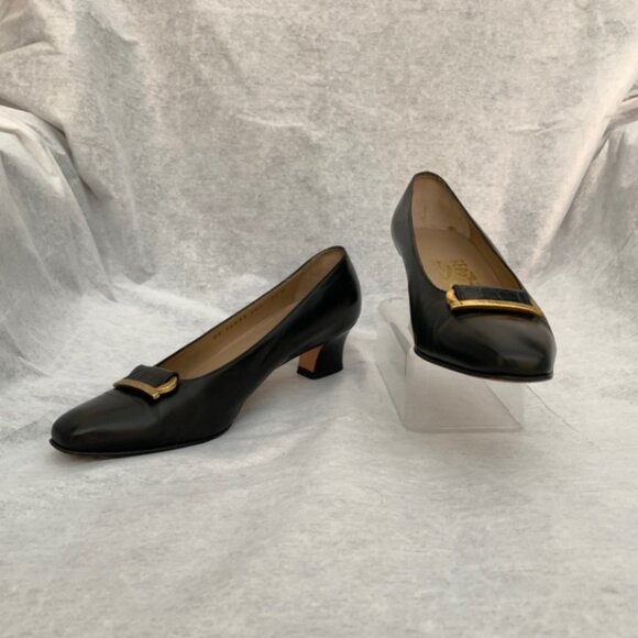 Salvatore Ferragamo Women’s Leather Heel Black Slip On Logo Buckle Shoes - Picture 8 of 15